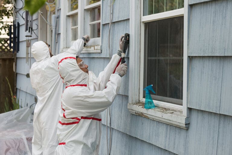 Professionals removing lead paint from old house siding.