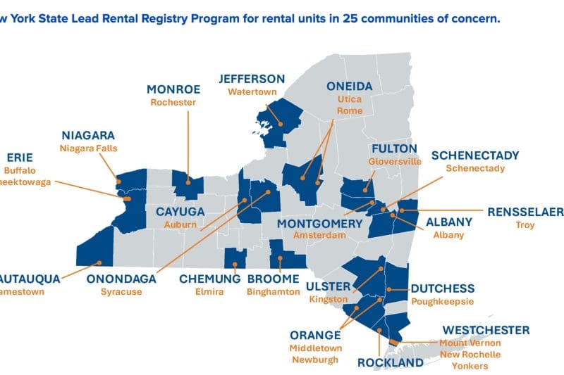 New York State map highlighting lead rental registry communities.