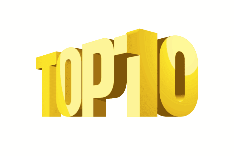 Top 10 list text in bold, shiny gold style.