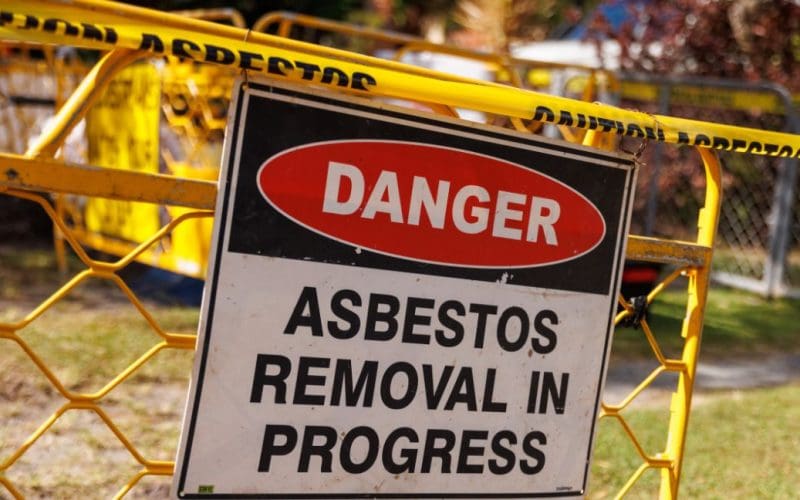 Danger sign for asbestos removal area.