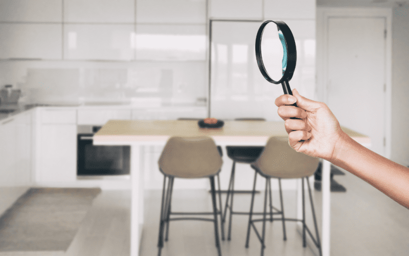 Hand holding magnifying glass in modern kitchen.