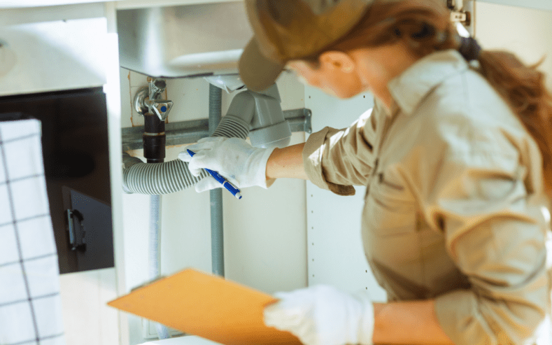 Technician inspecting under-sink pipes with clipboard.