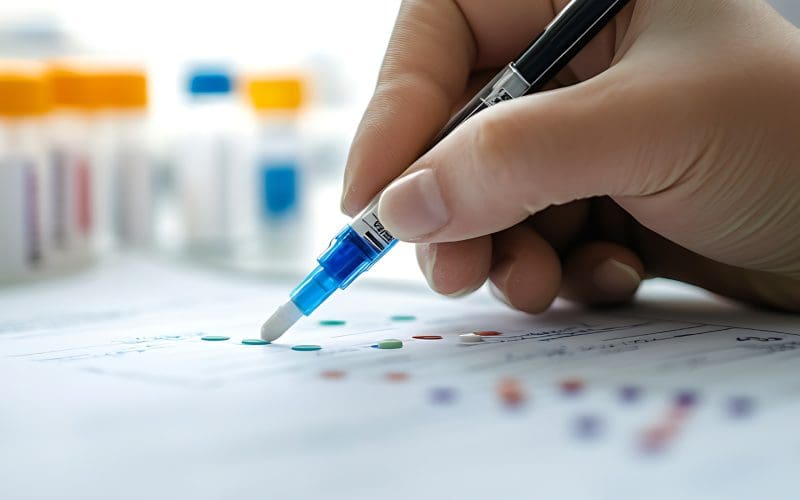 Hand labeling data on a document with lab samples in background.