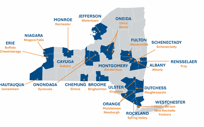 Map highlighting select regions and cities in New York state.