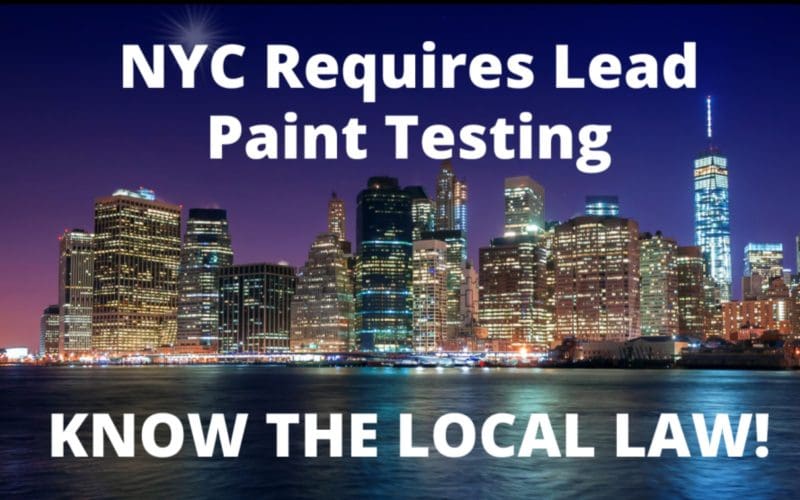 NYC skyline at night with text about lead paint testing law.