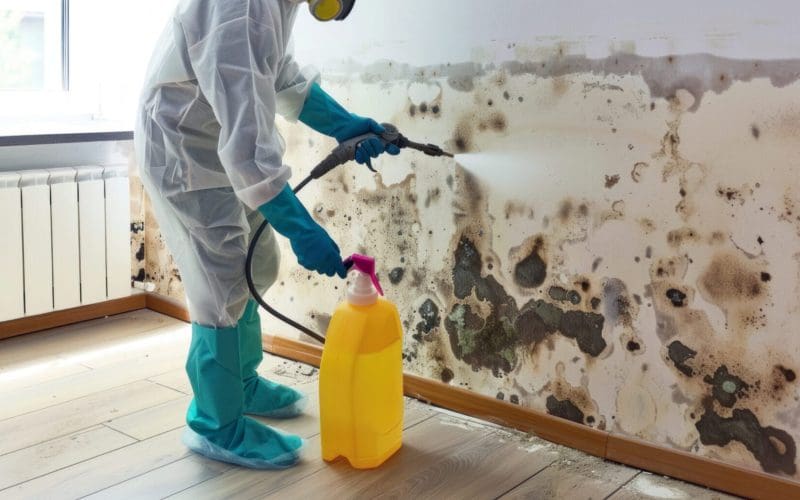 Professional removing mold from a wall with protective gear.