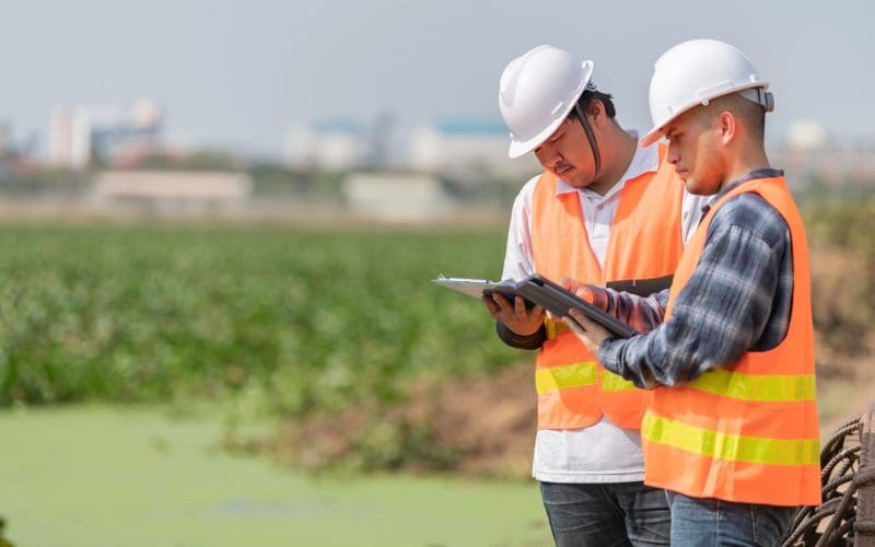 Two construction workers reviewing plans at a site.