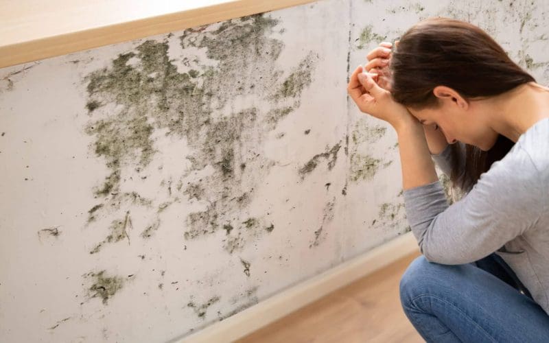 Woman distressed by black mold on wall.
